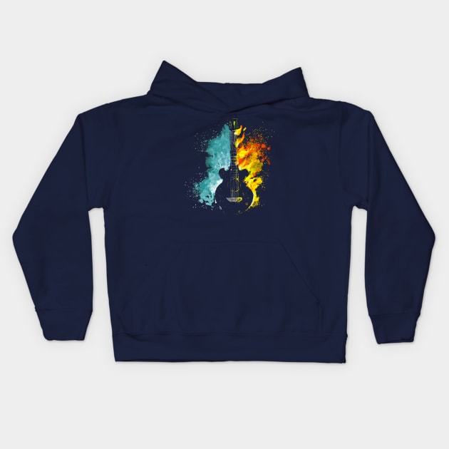 guitar silhouette with water and fire Kids Hoodie by mehdime